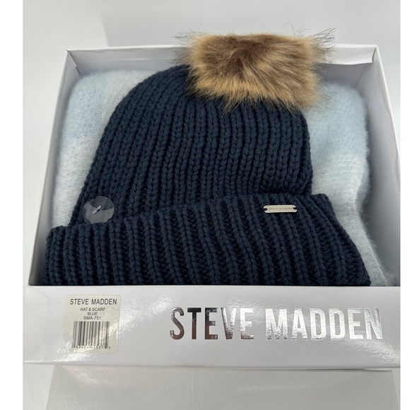 Steve Madden Accessories - Steve Madden Hat and Scarf Set Blue Ribbed Beanie Faux Fur Pom SMA-751 NEW